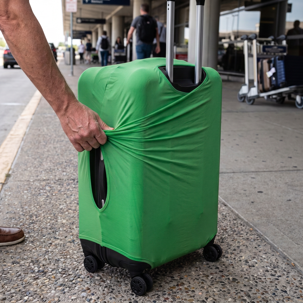 green / S elastic luggage cover in real-life use