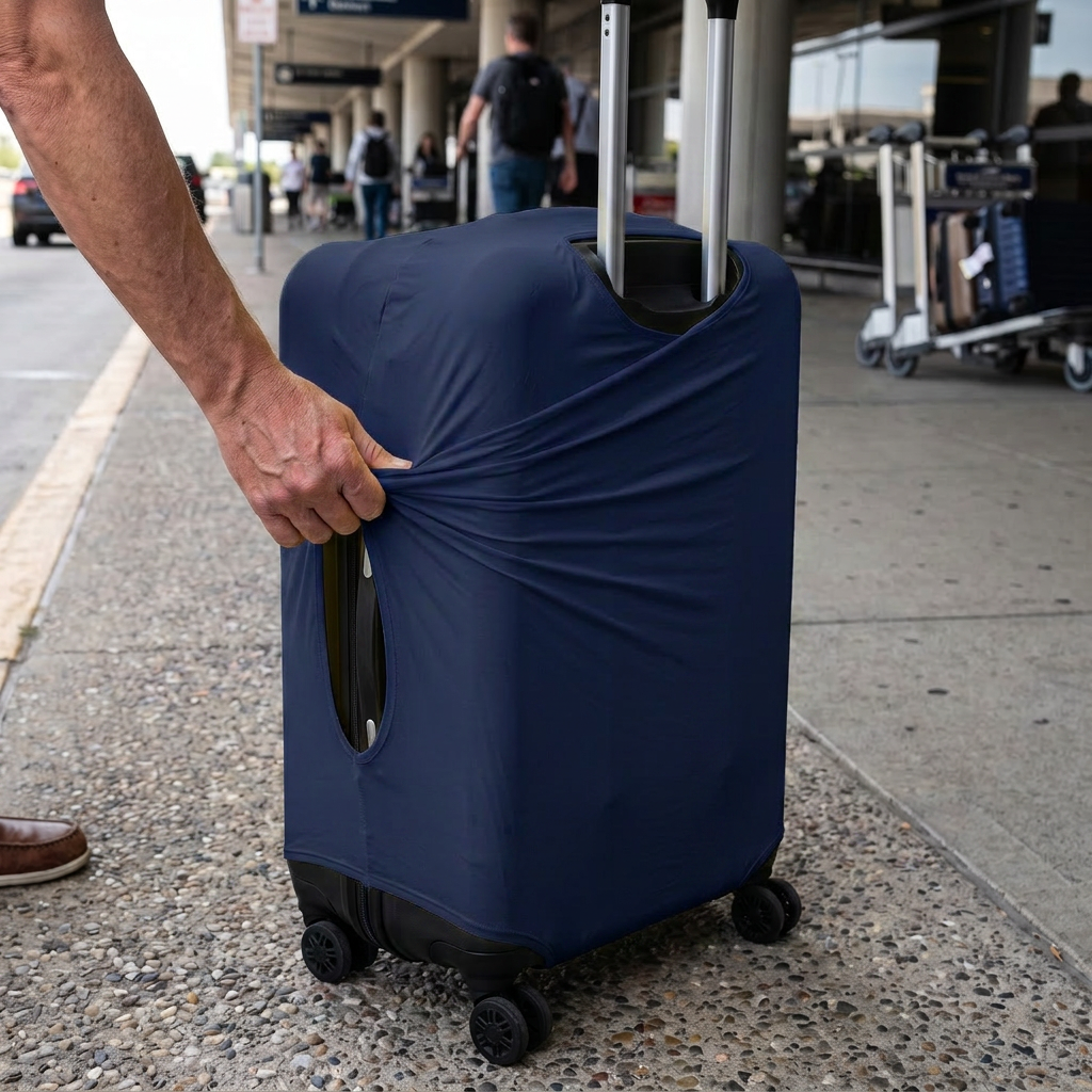 navy / L elastic luggage cover in real-life use