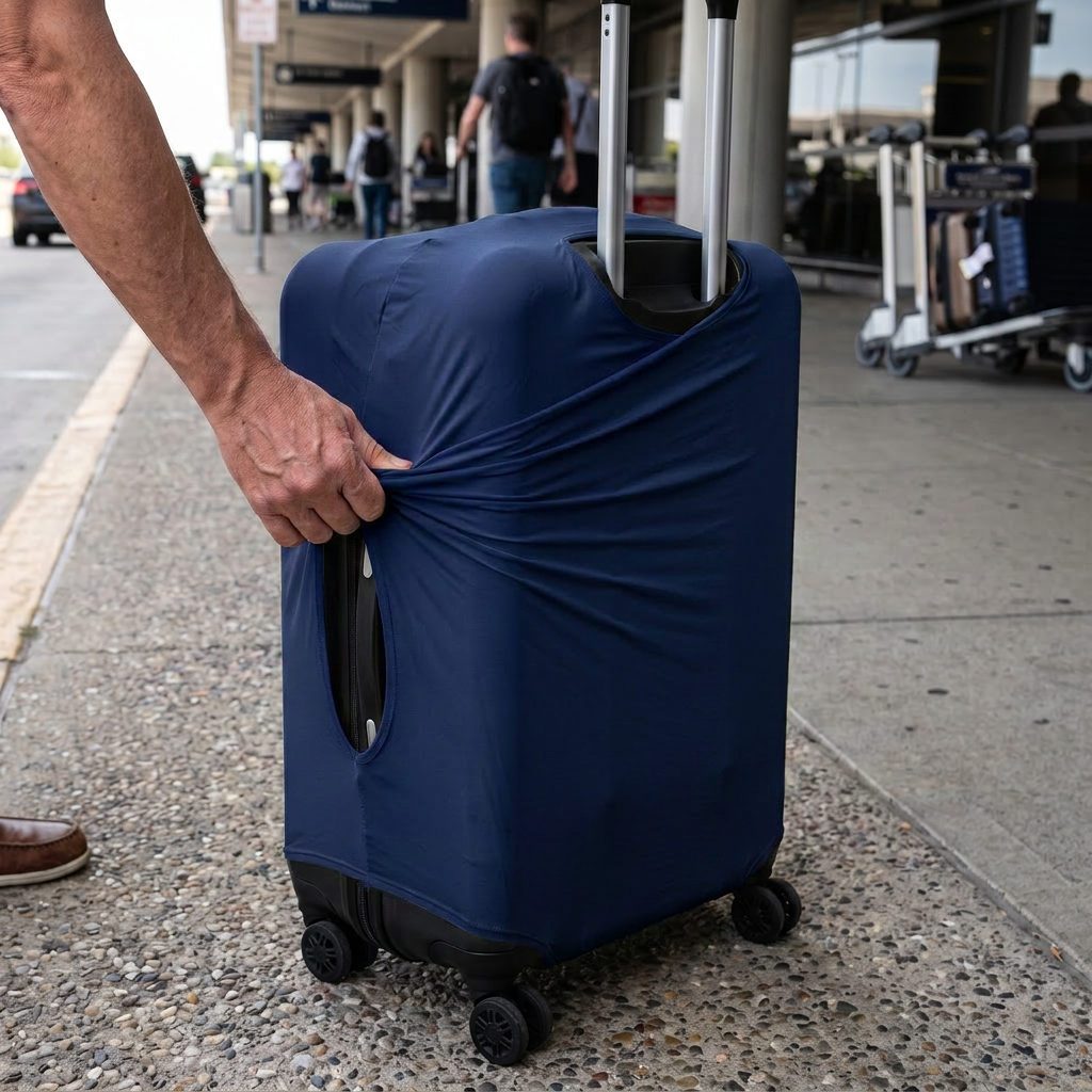navy / M elastic luggage cover in real-life use