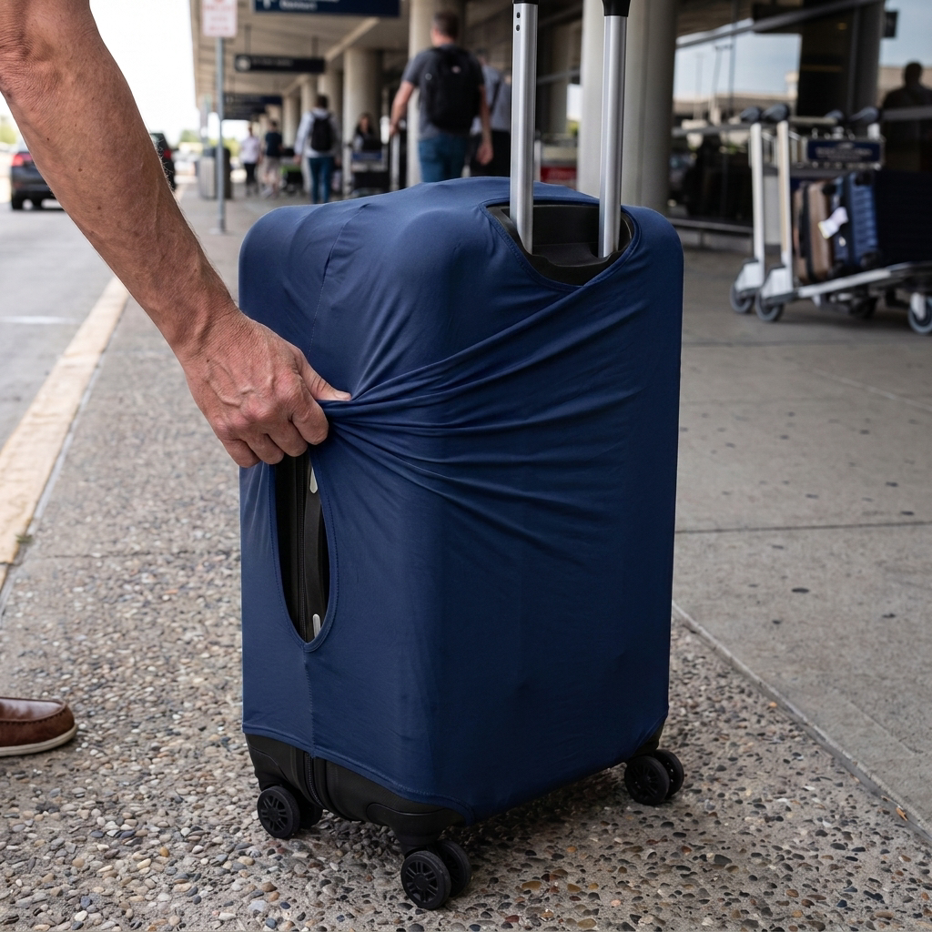 navy / S elastic luggage cover in real-life use