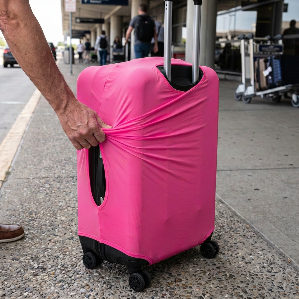 pink / L elastic luggage cover in real-life use