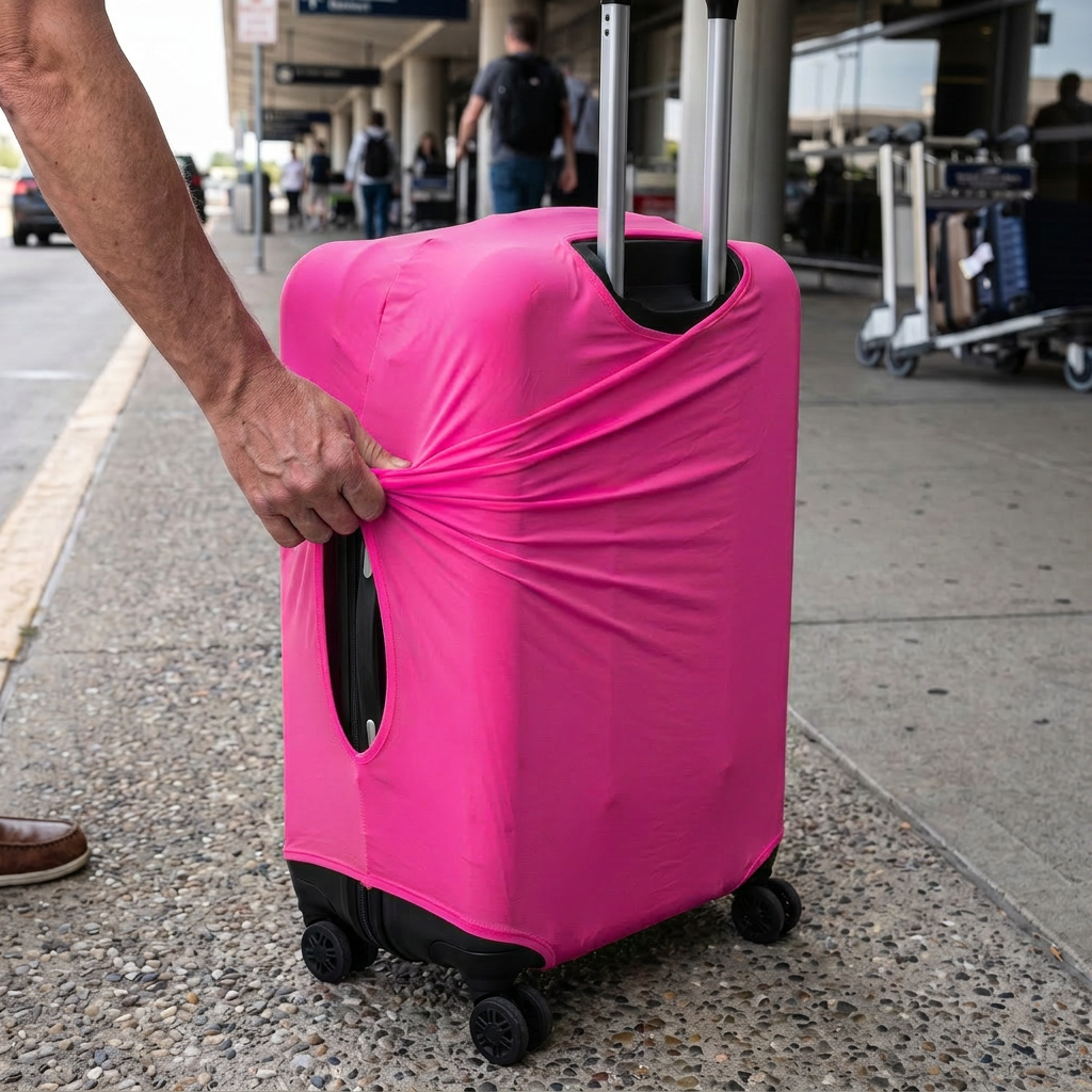 pink / M elastic luggage cover in real-life use