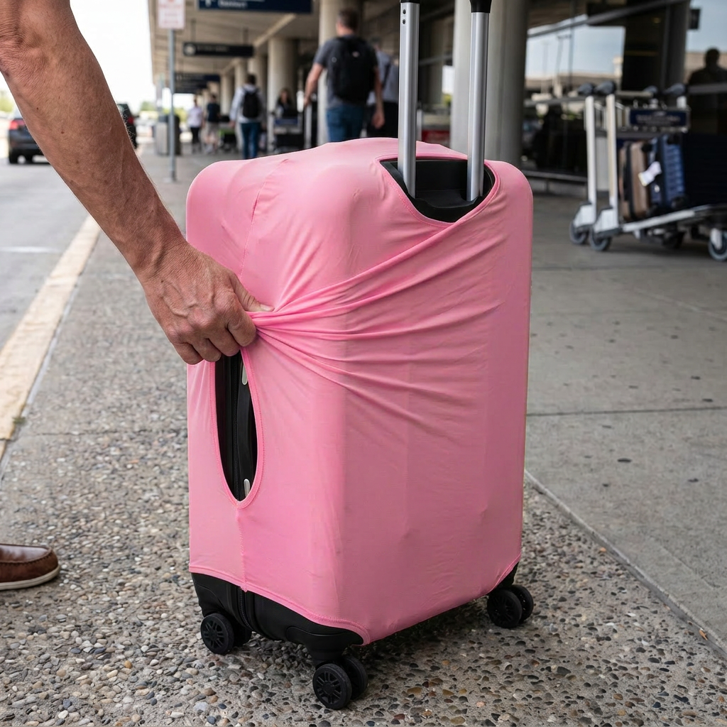 pink / S elastic luggage cover in real-life use