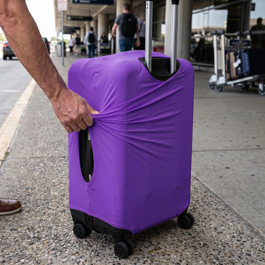 purple / L elastic luggage cover in real-life use