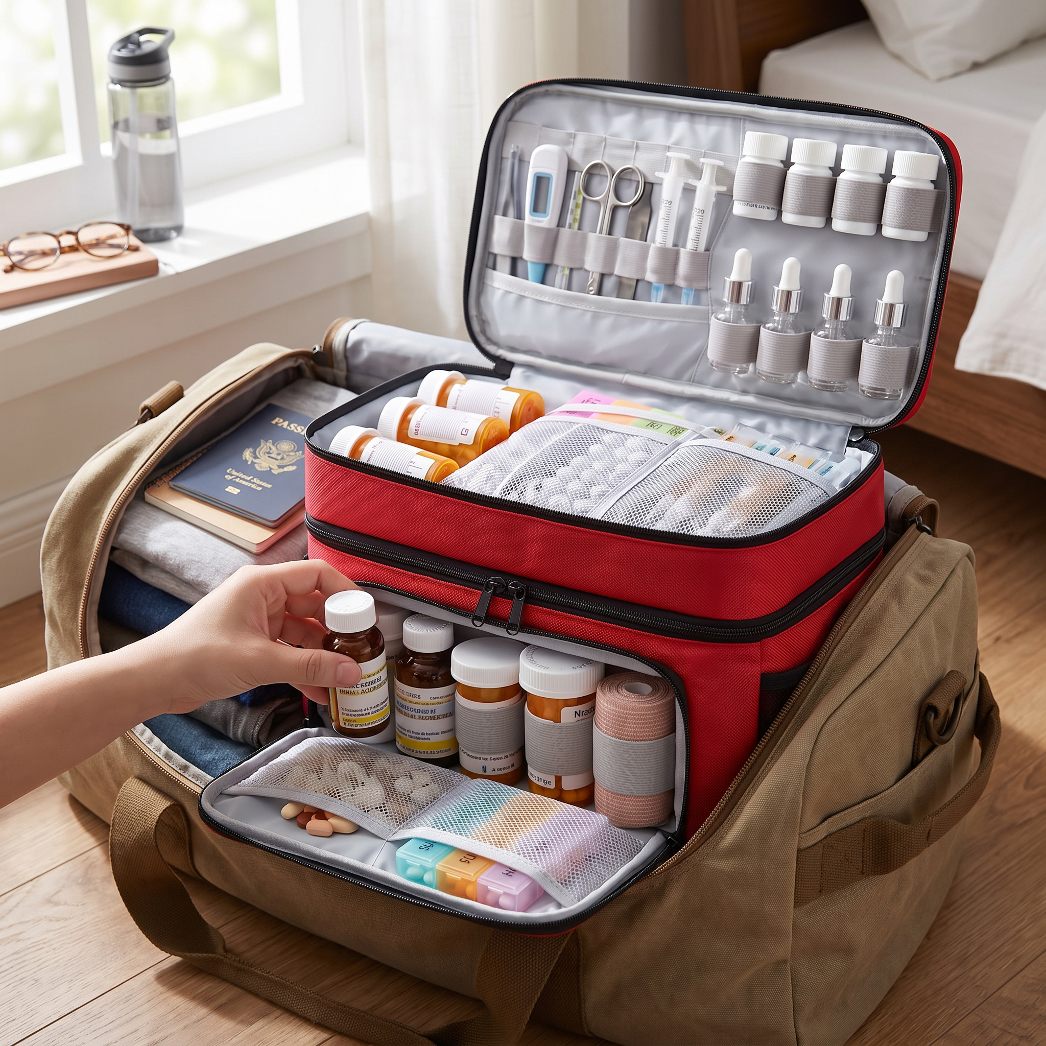 Red travel medicine storage bag in real-life use (corrected)