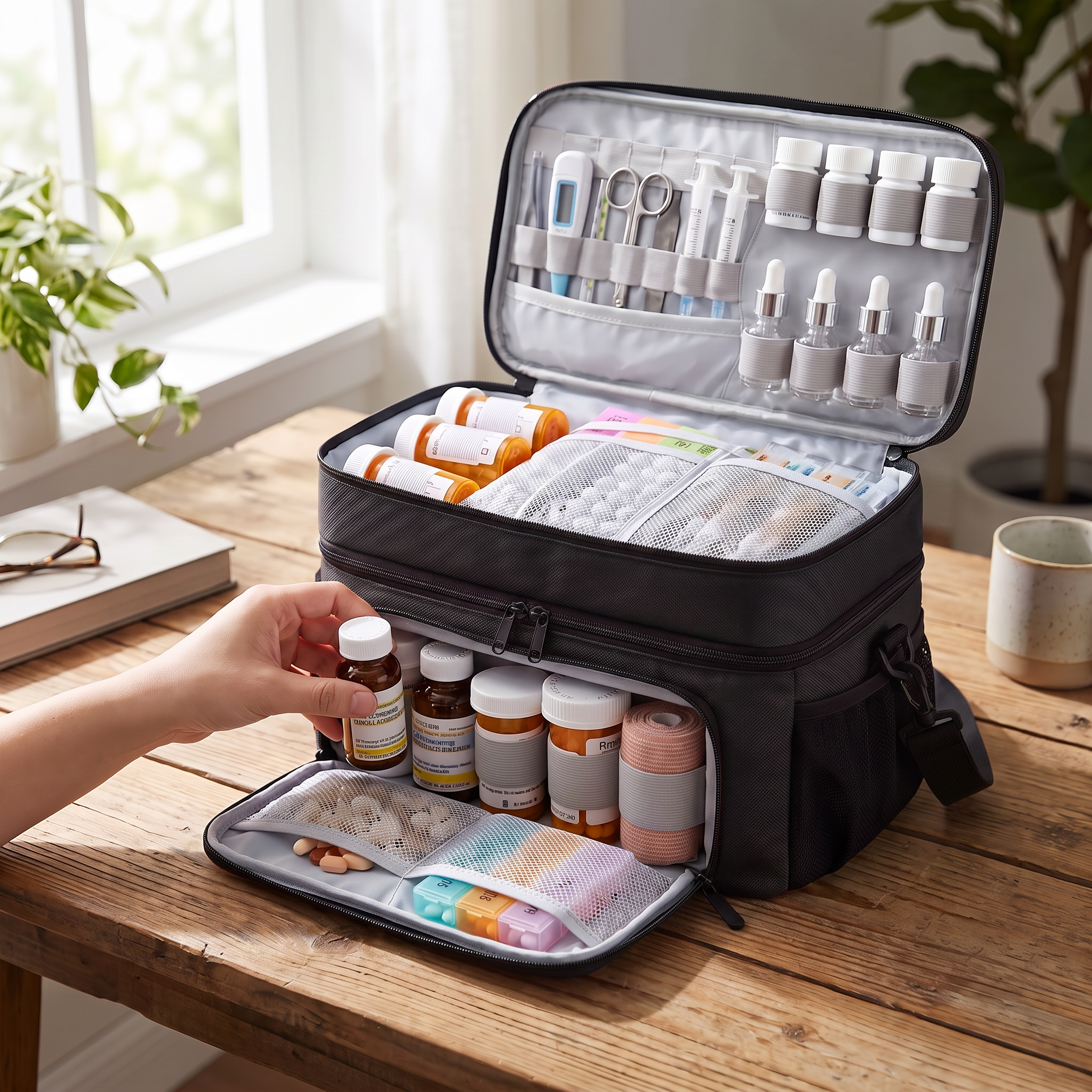 Black travel medicine storage bag in real-life use (corrected)