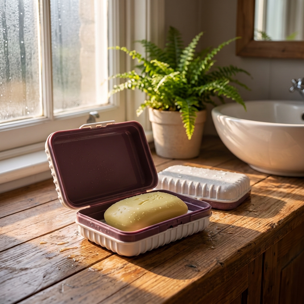 Travel soap box open on bathroom counter