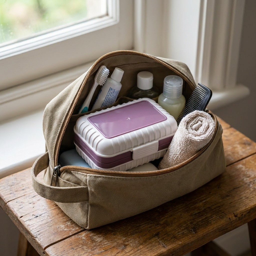 Travel soap box packed in toiletry bag