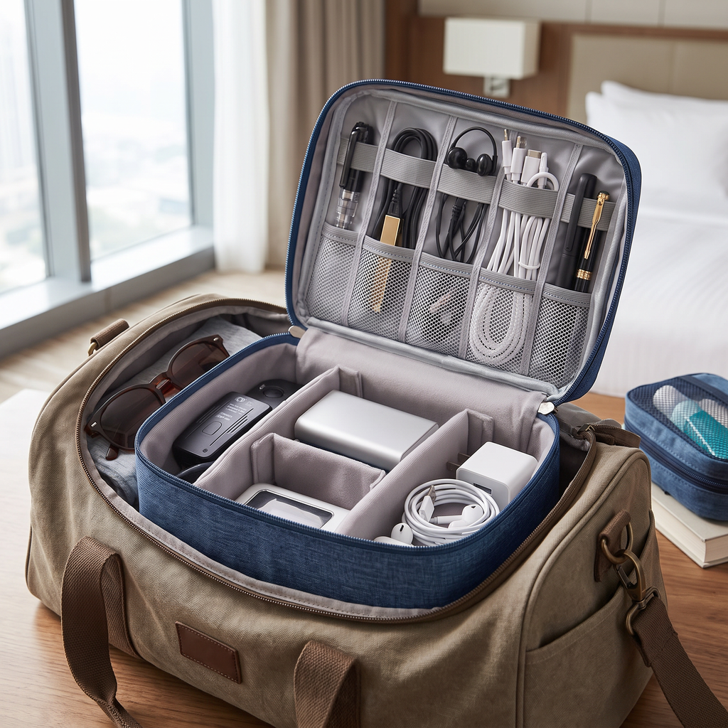 Blue travel cable organizer in real-life use
