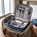 Blue travel cable organizer in real-life use