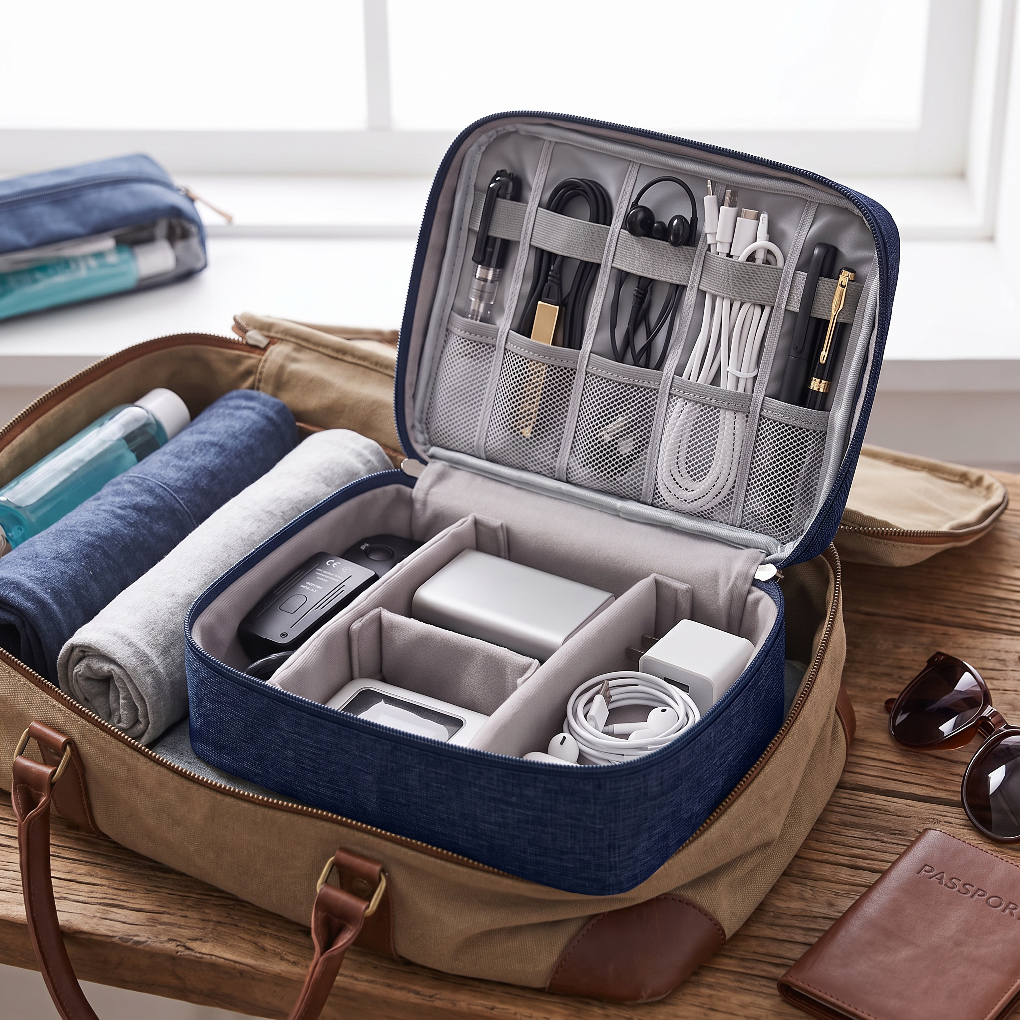 Navy travel cable organizer in real-life use