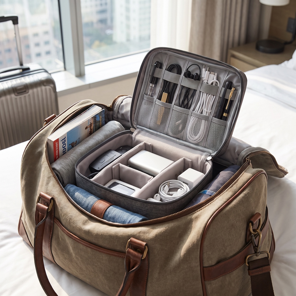 Gray travel cable organizer in real-life use