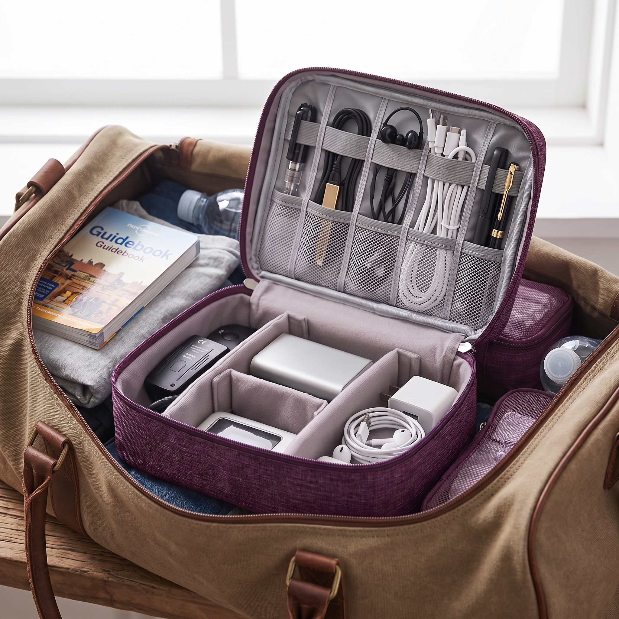 Purple travel cable organizer in real-life use