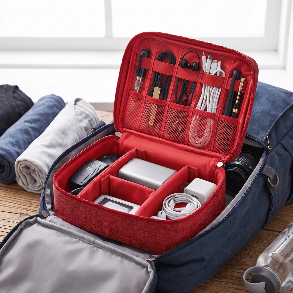 Red travel cable organizer in real-life use