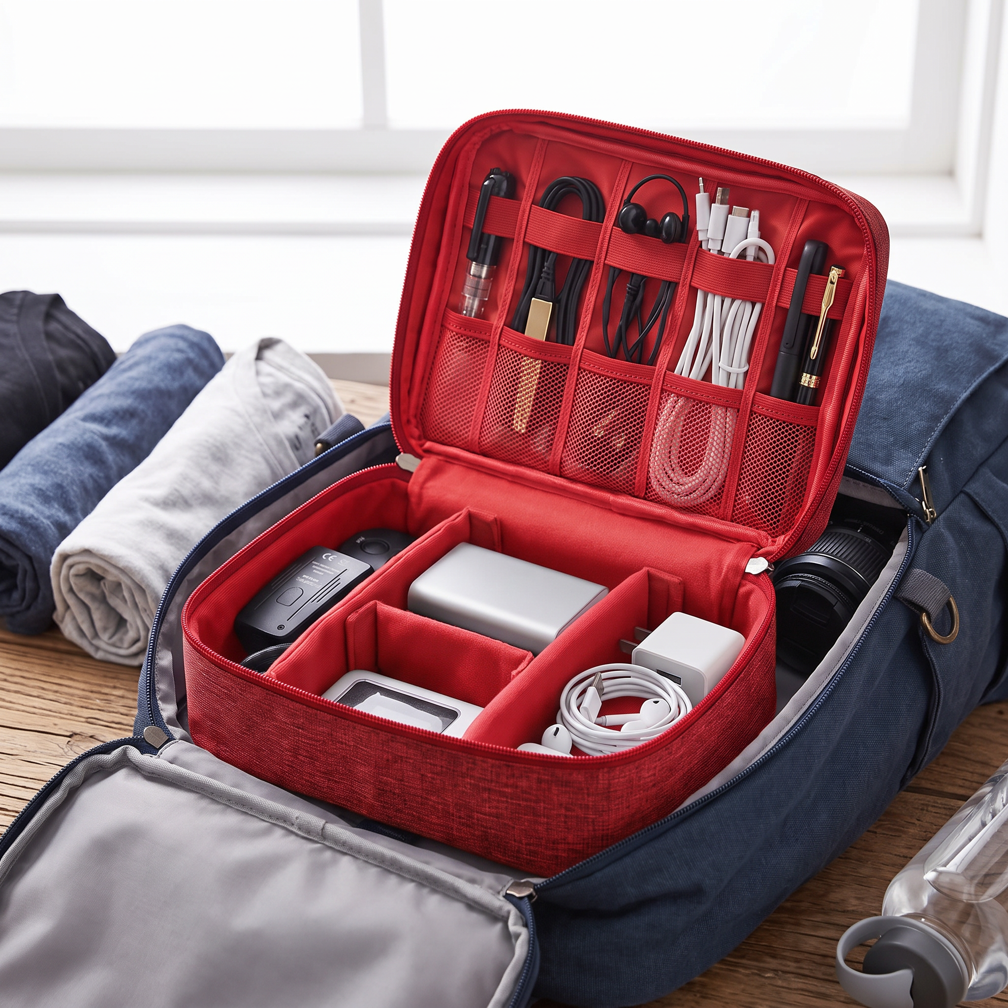 Red travel cable organizer in real-life use