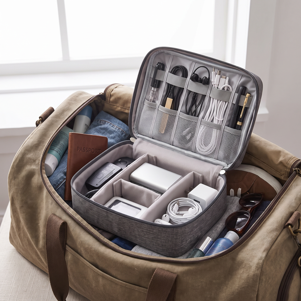 Black travel cable organizer in real-life use