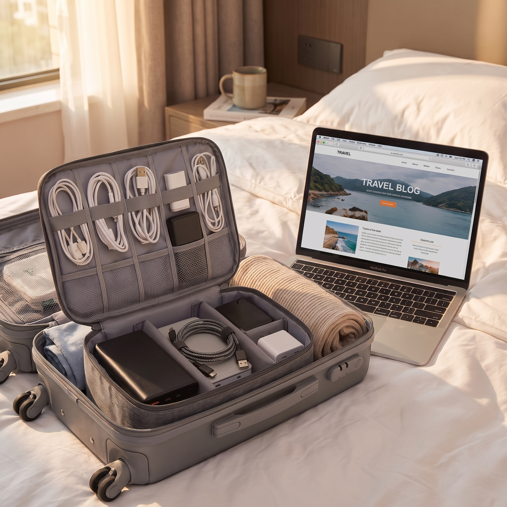 Gray travel electronics pouch in real-life use