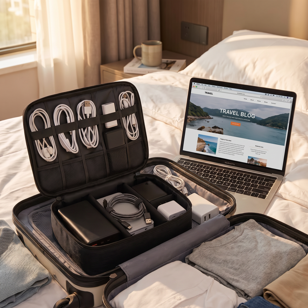 Black travel electronics pouch in real-life use