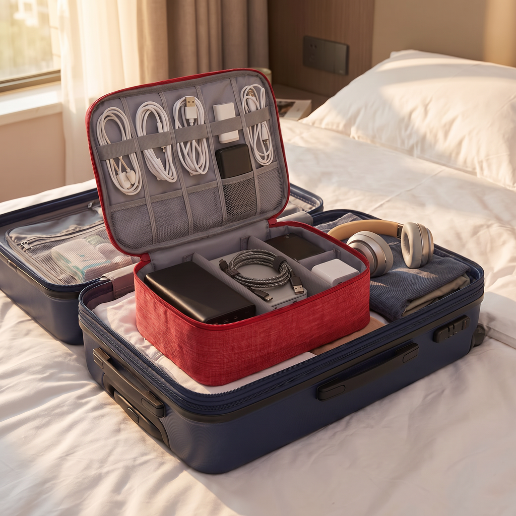 Red travel electronics pouch in real-life use