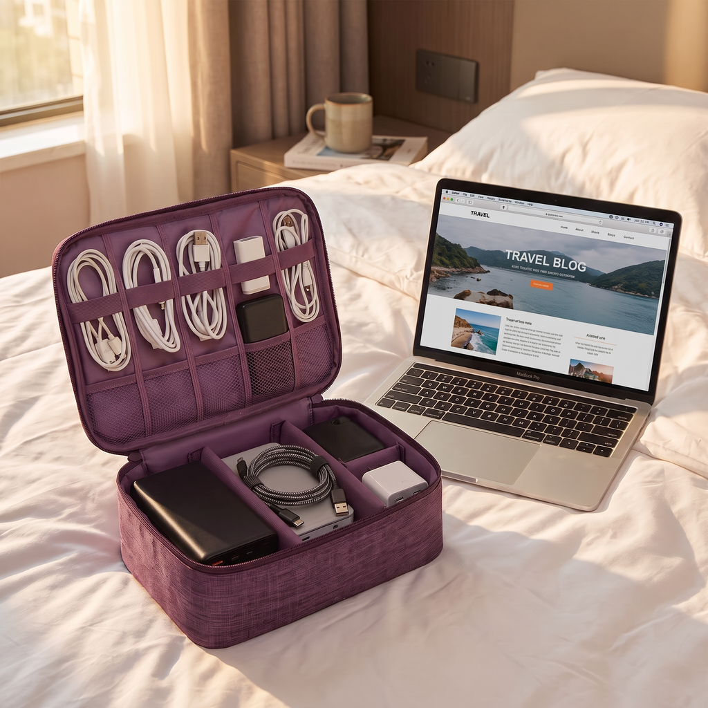 Purple travel electronics pouch in real-life use