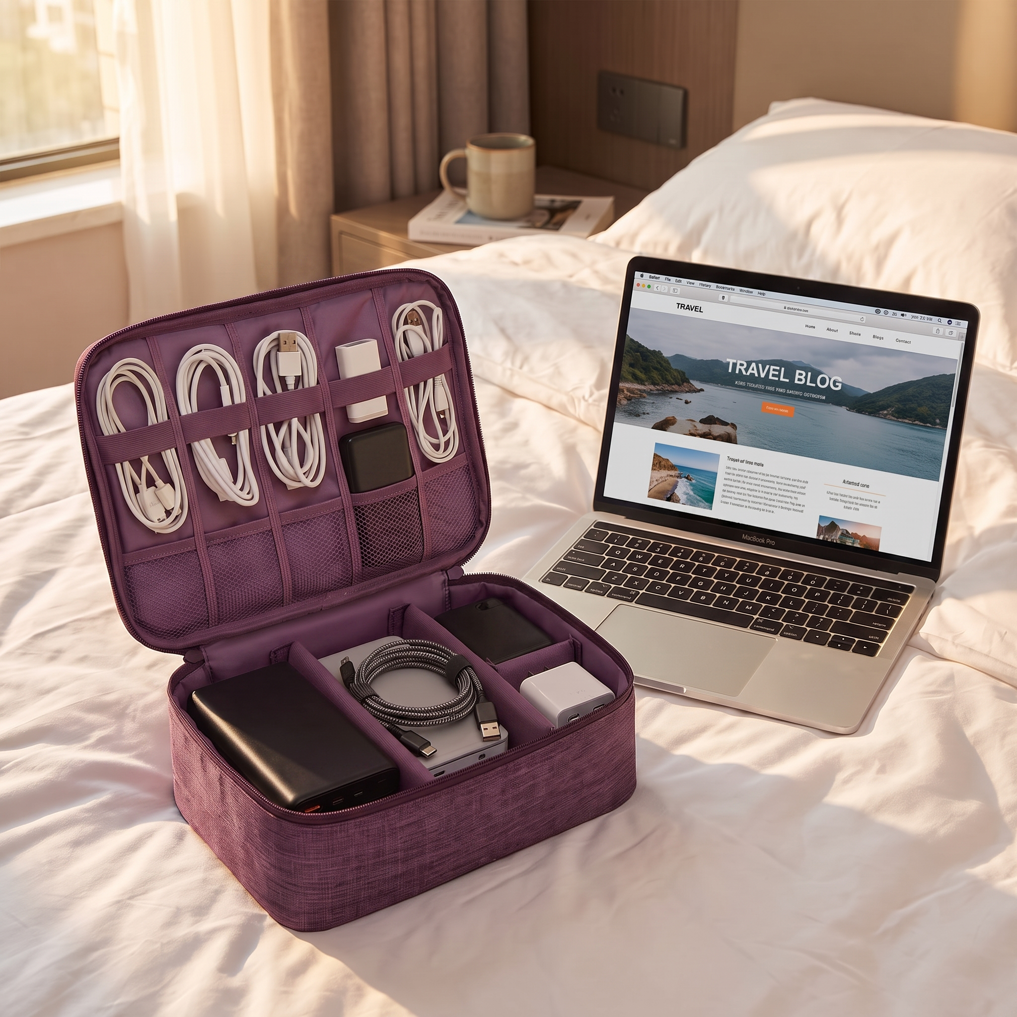 Purple travel electronics pouch in real-life use