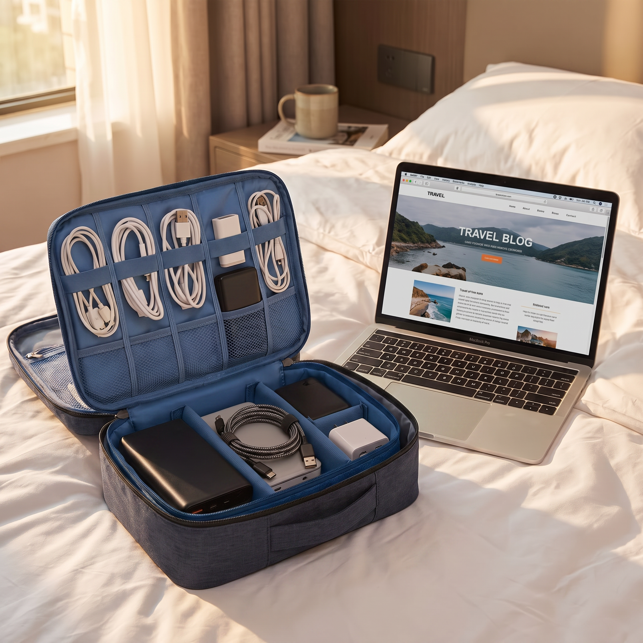 Blue travel electronics pouch in real-life use