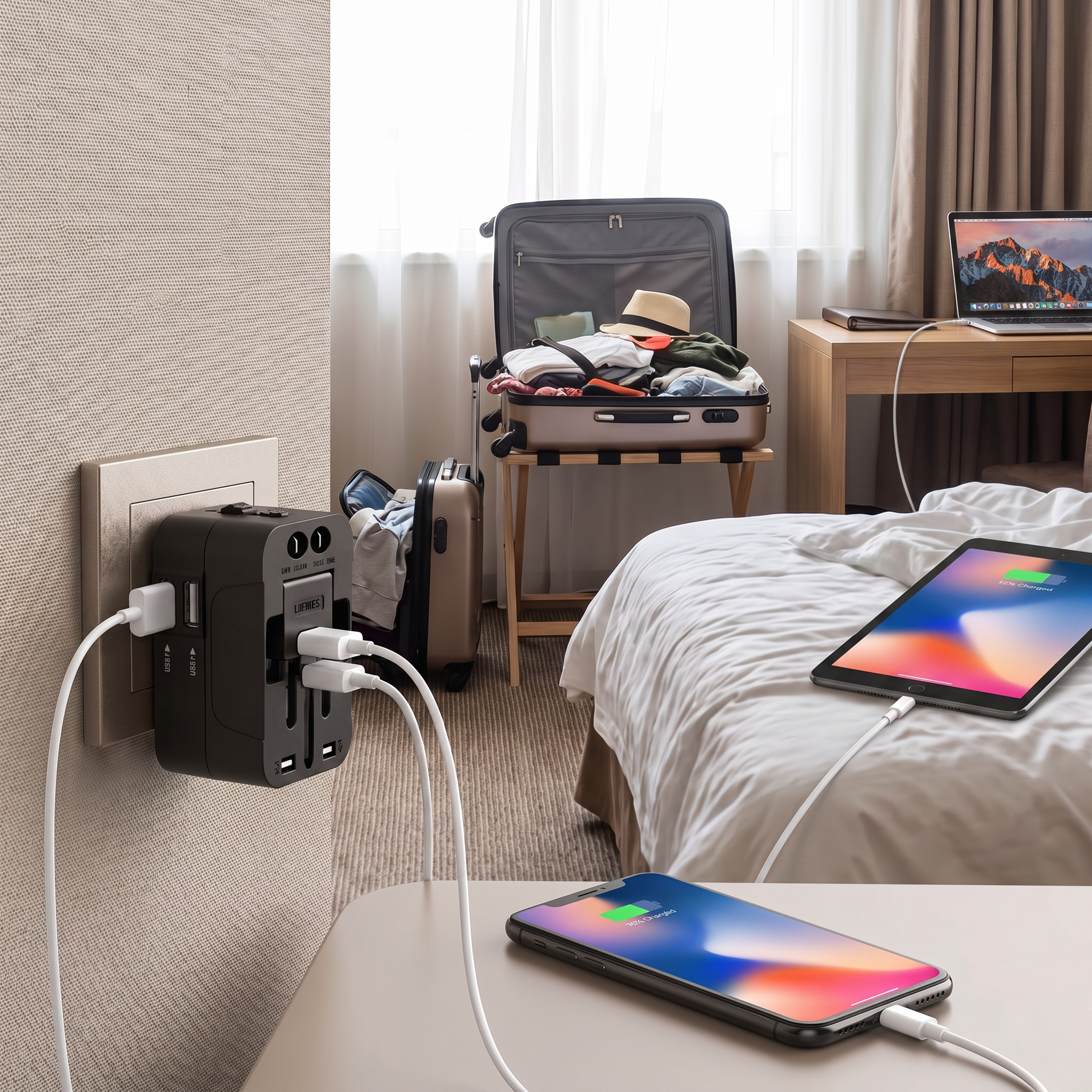 USB and Type C ports universal travel adapter in real-life use