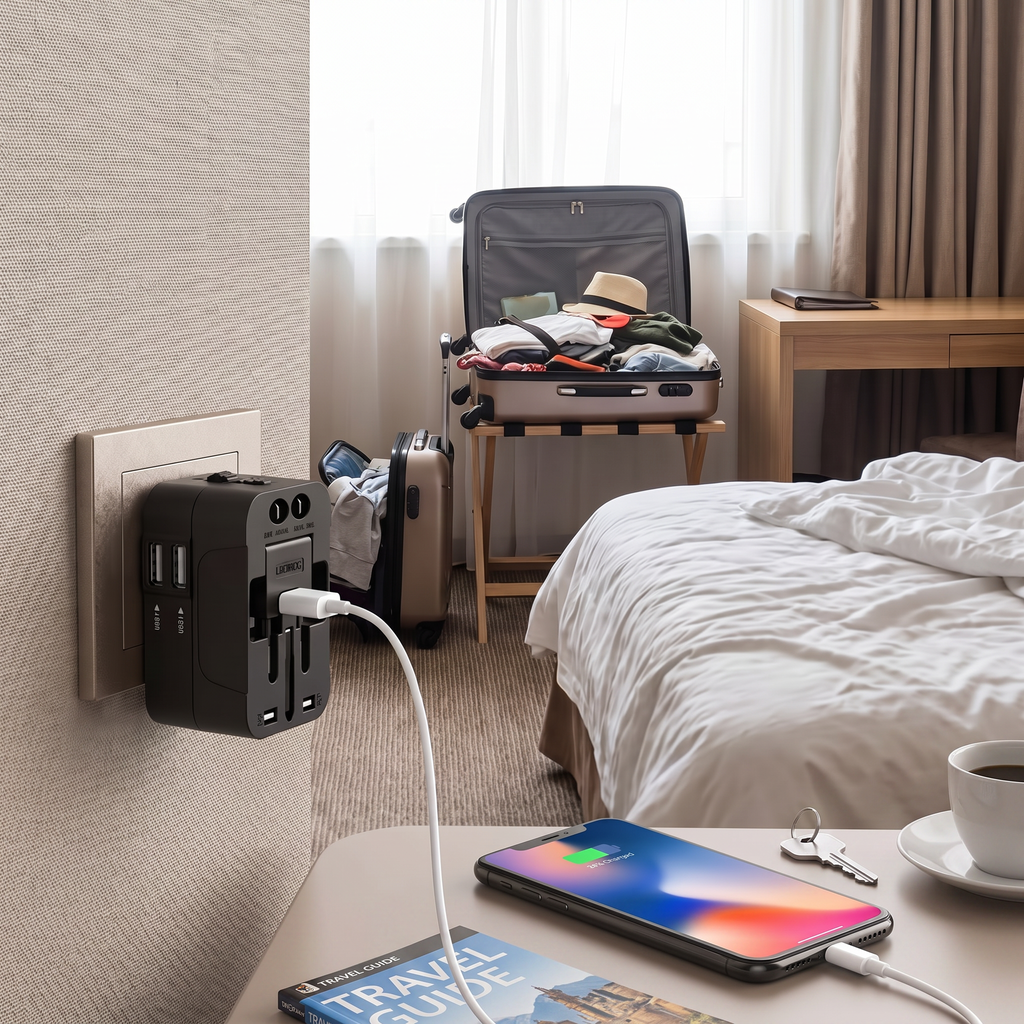 2 USB ports universal travel adapter in real-life use