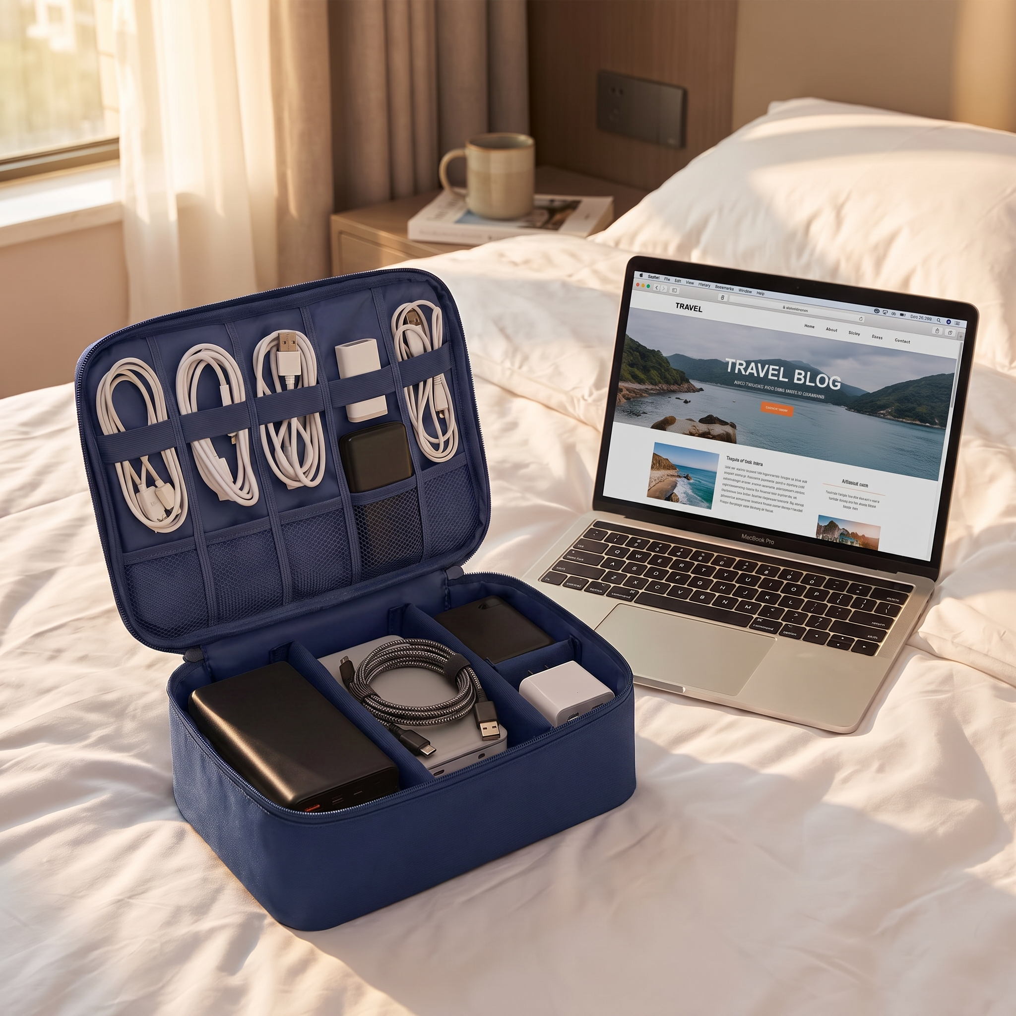 Navy travel electronics pouch in real-life use