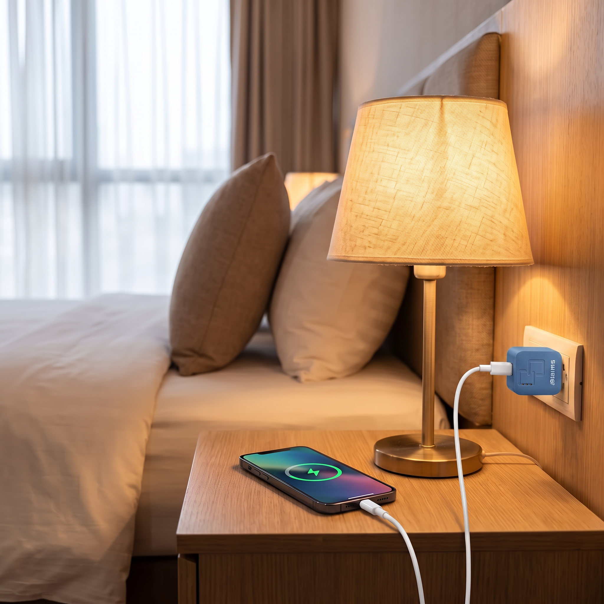 Blue travel USB wall charger plugged in charging a phone