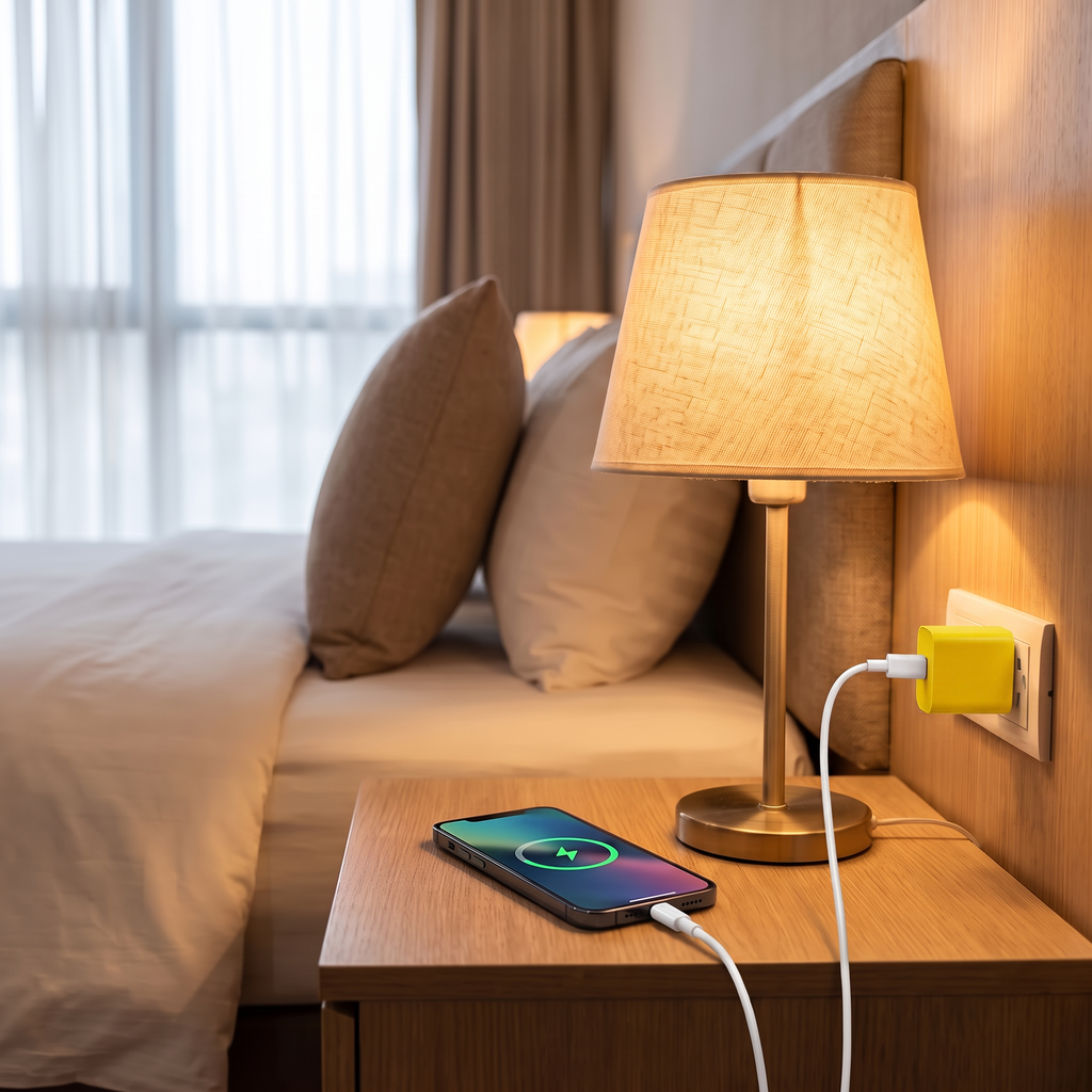 Yellow travel USB wall charger plugged in charging a phone