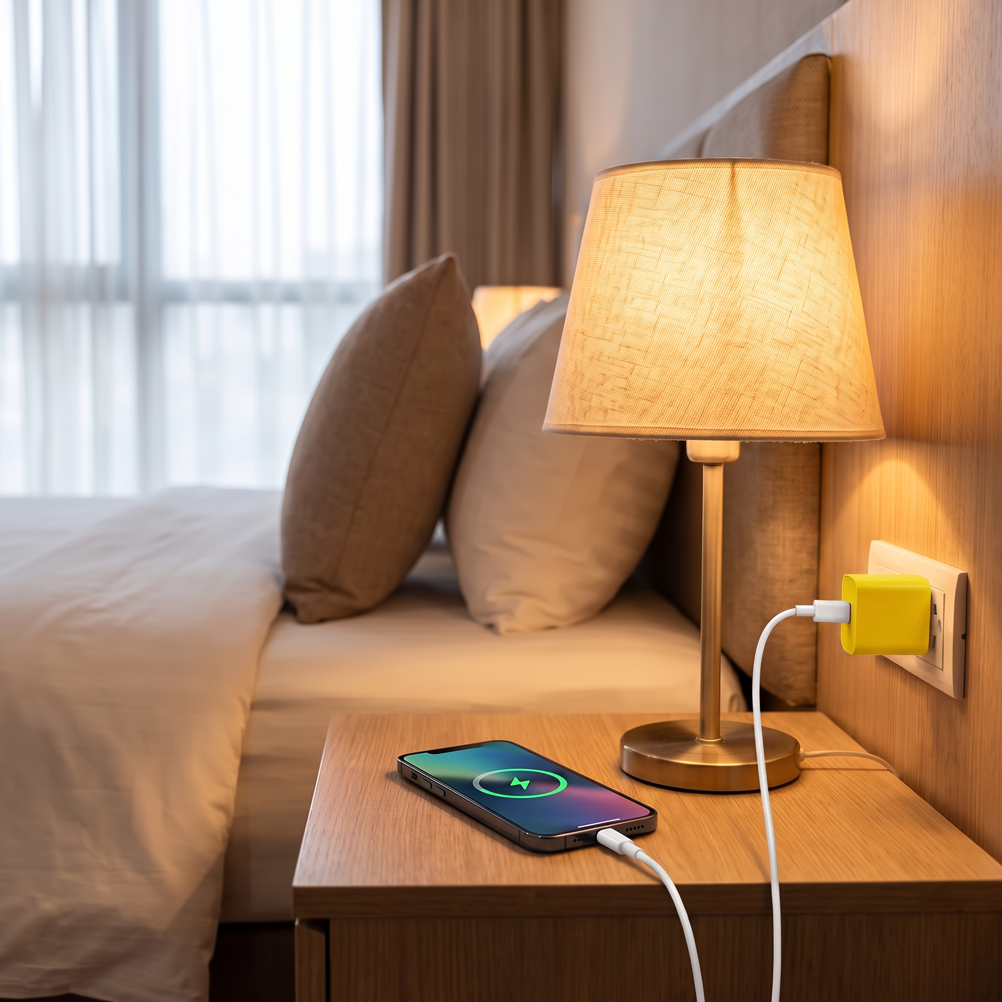 Yellow travel USB wall charger plugged in charging a phone