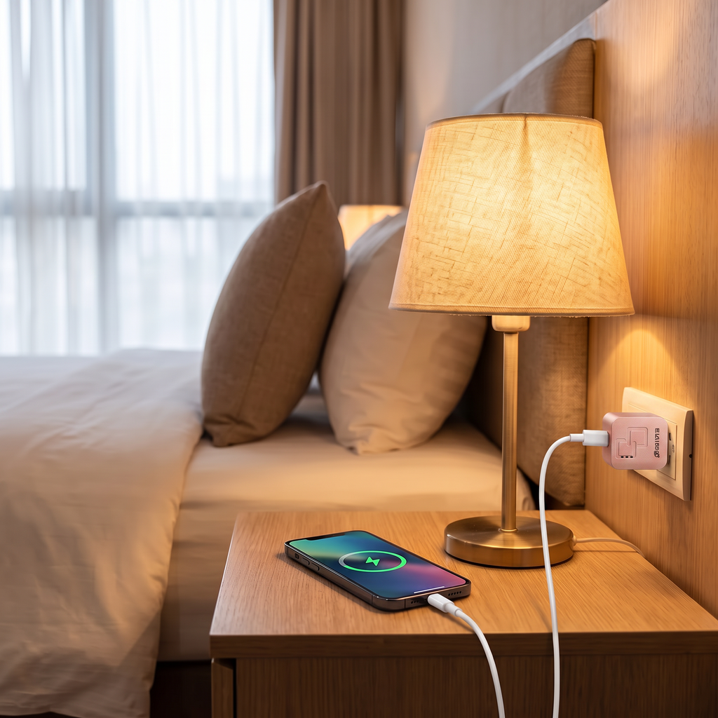 Rose gold travel USB wall charger plugged in charging a phone