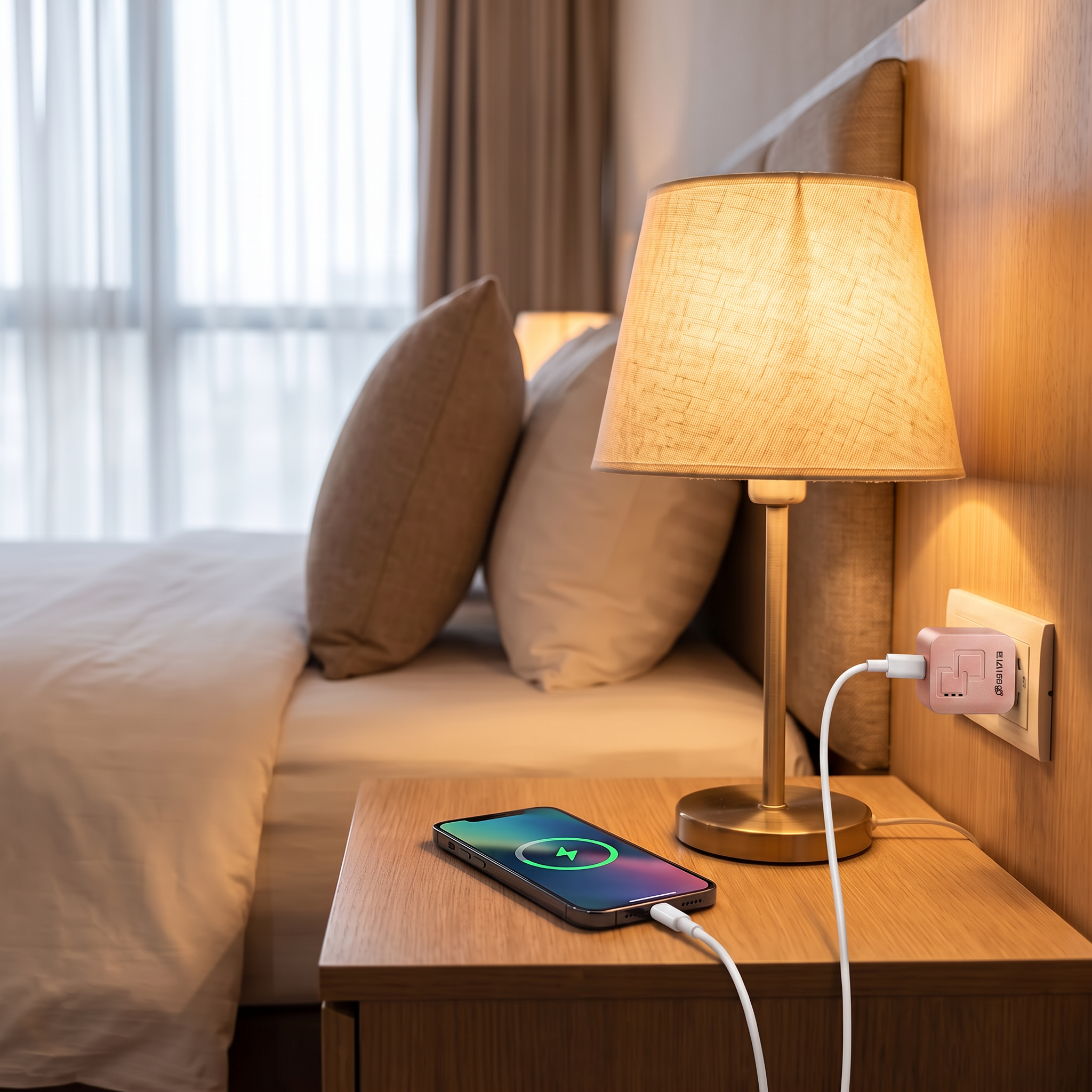 Rose gold travel USB wall charger plugged in charging a phone
