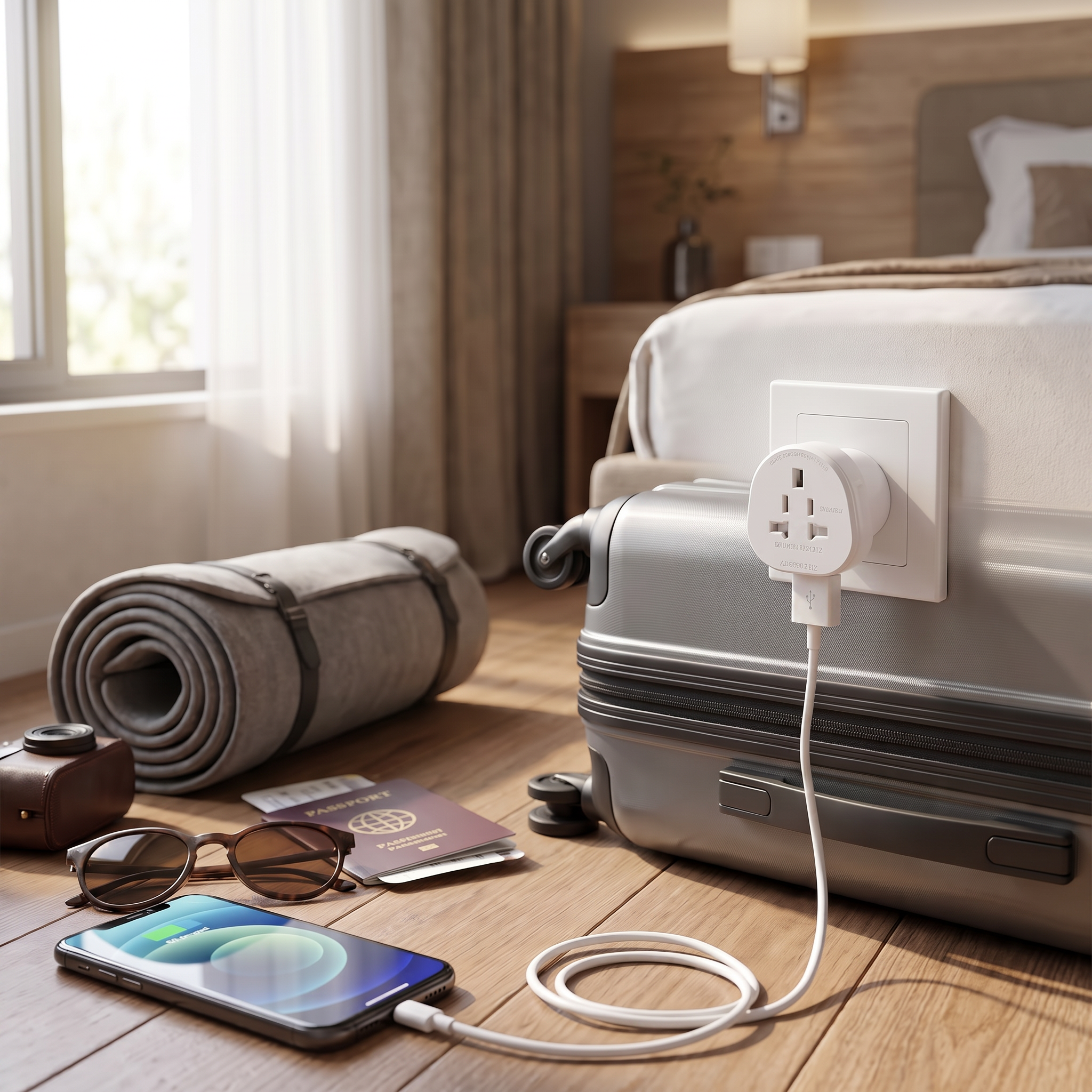 White AU/NZ travel plug adapter plugged into an outlet