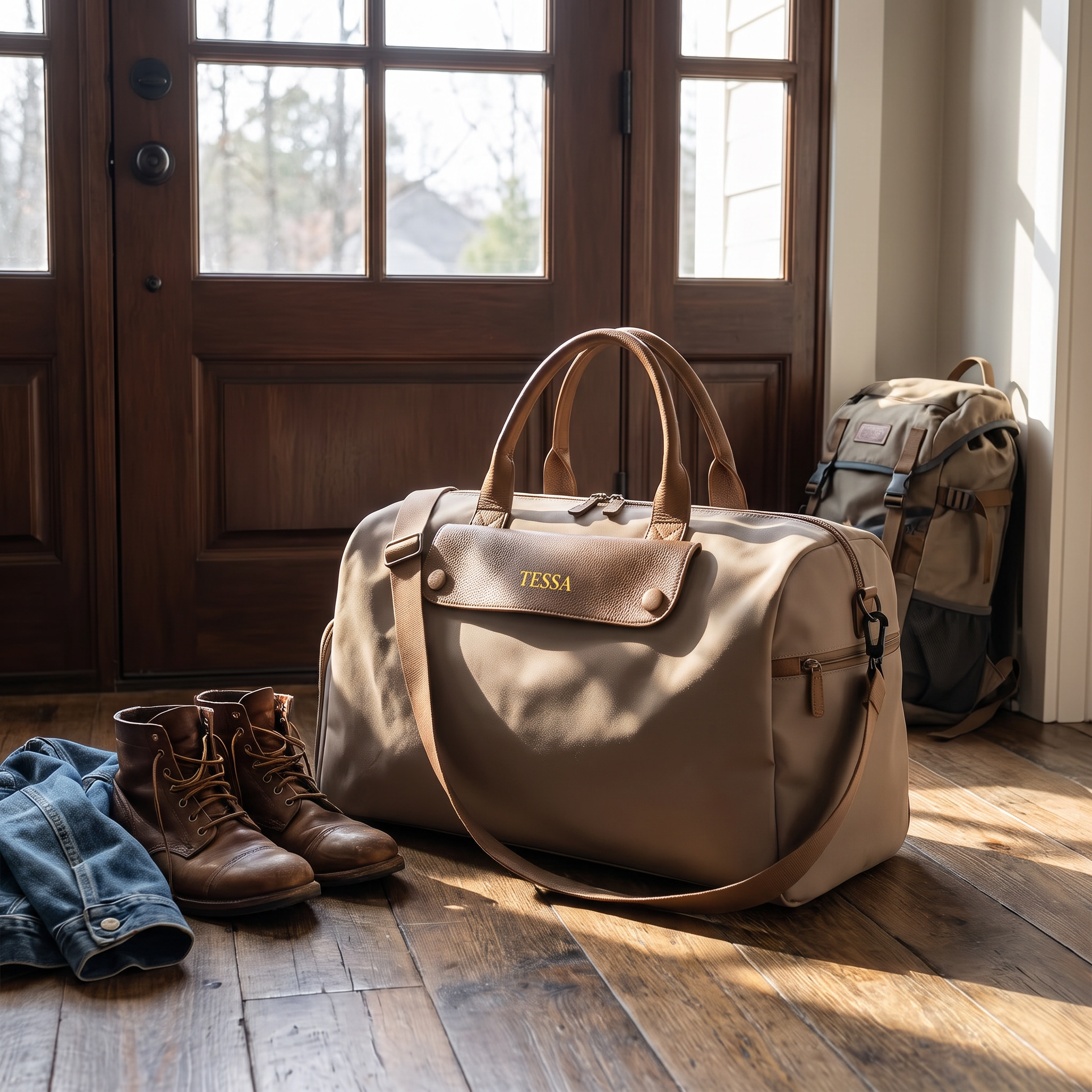 Grey canvas travel duffel bag packed by the front door