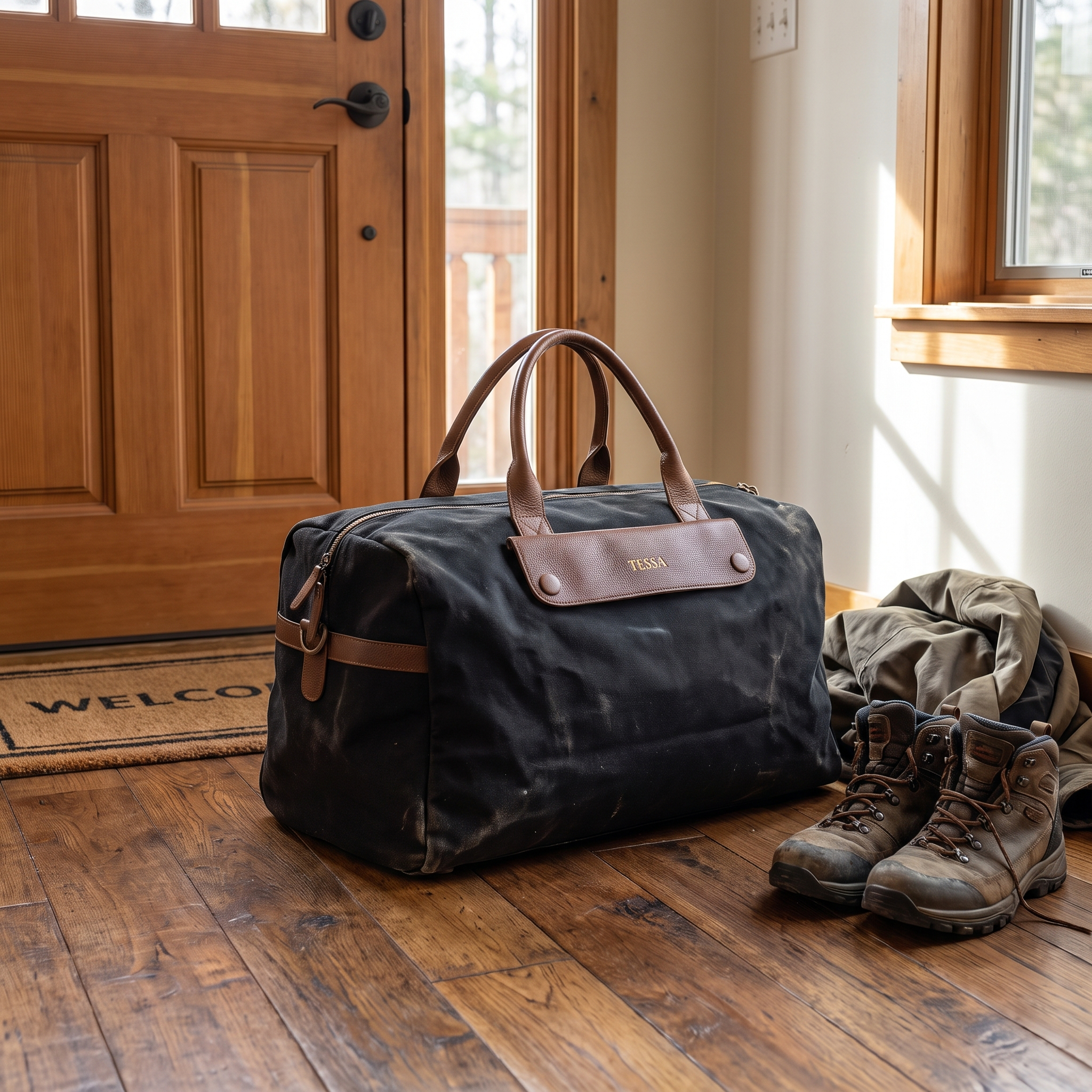 Black canvas travel duffel bag packed by the front door
