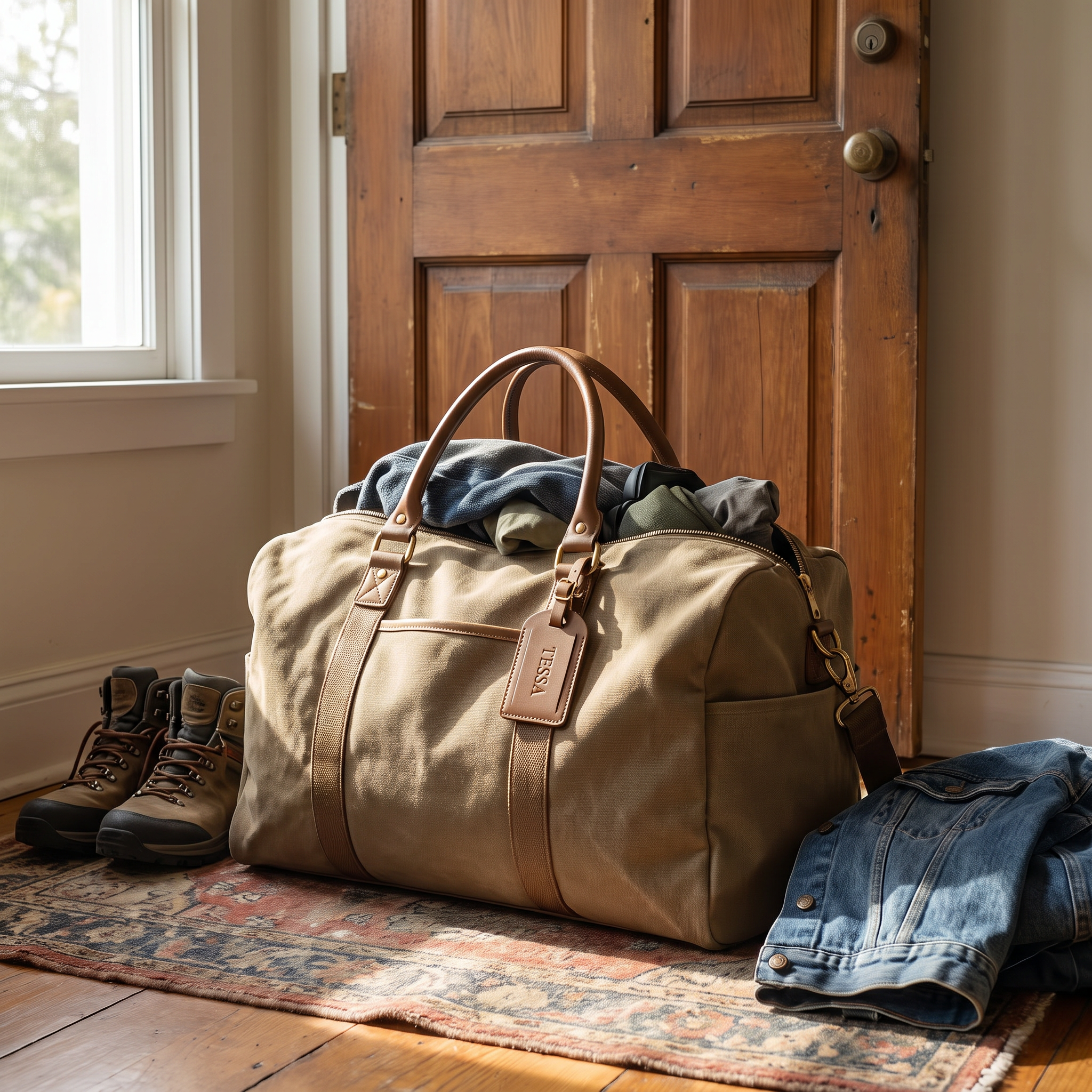 Khaki canvas travel duffel bag packed by the front door