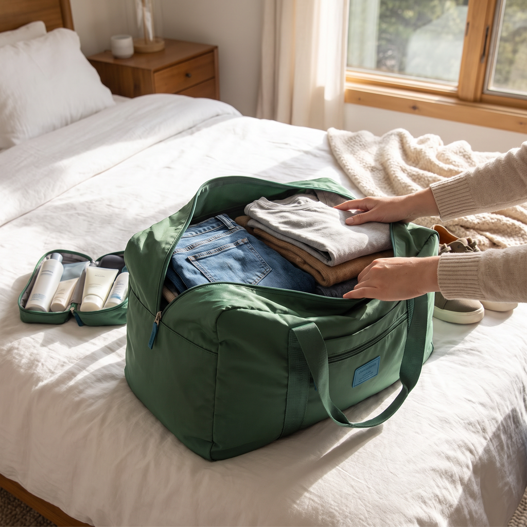 Green foldable travel duffel bag packed for a trip