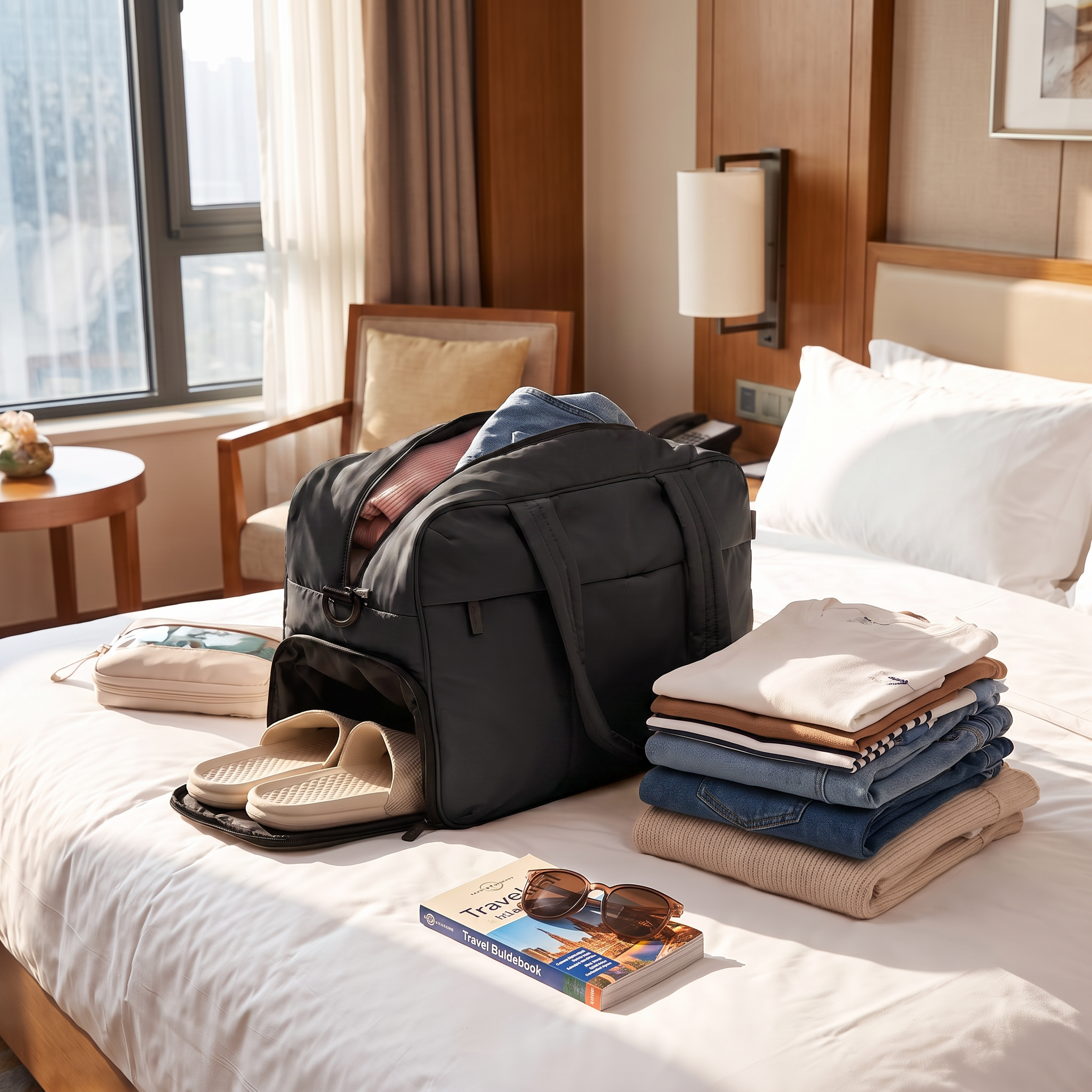 Black travel duffel bag packed on a hotel bed