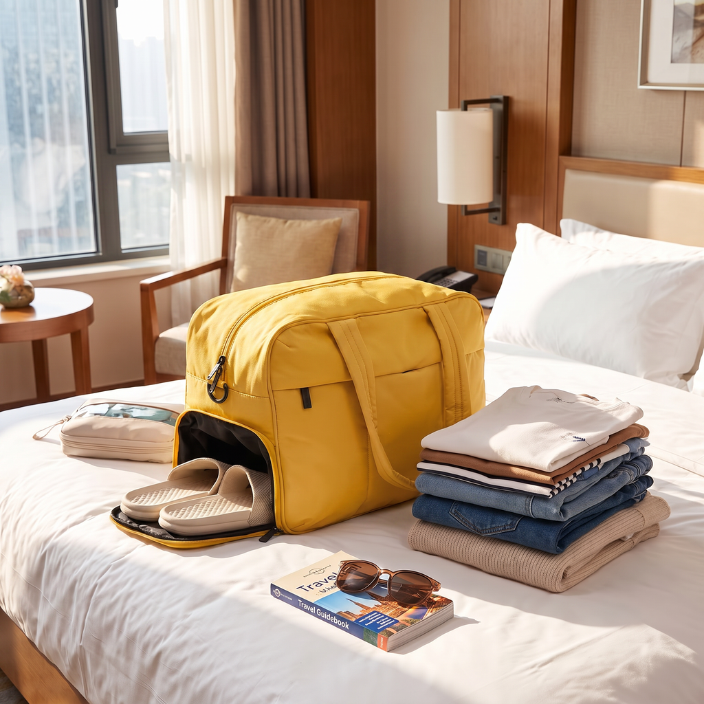 Yellow travel duffel bag packed on a hotel bed