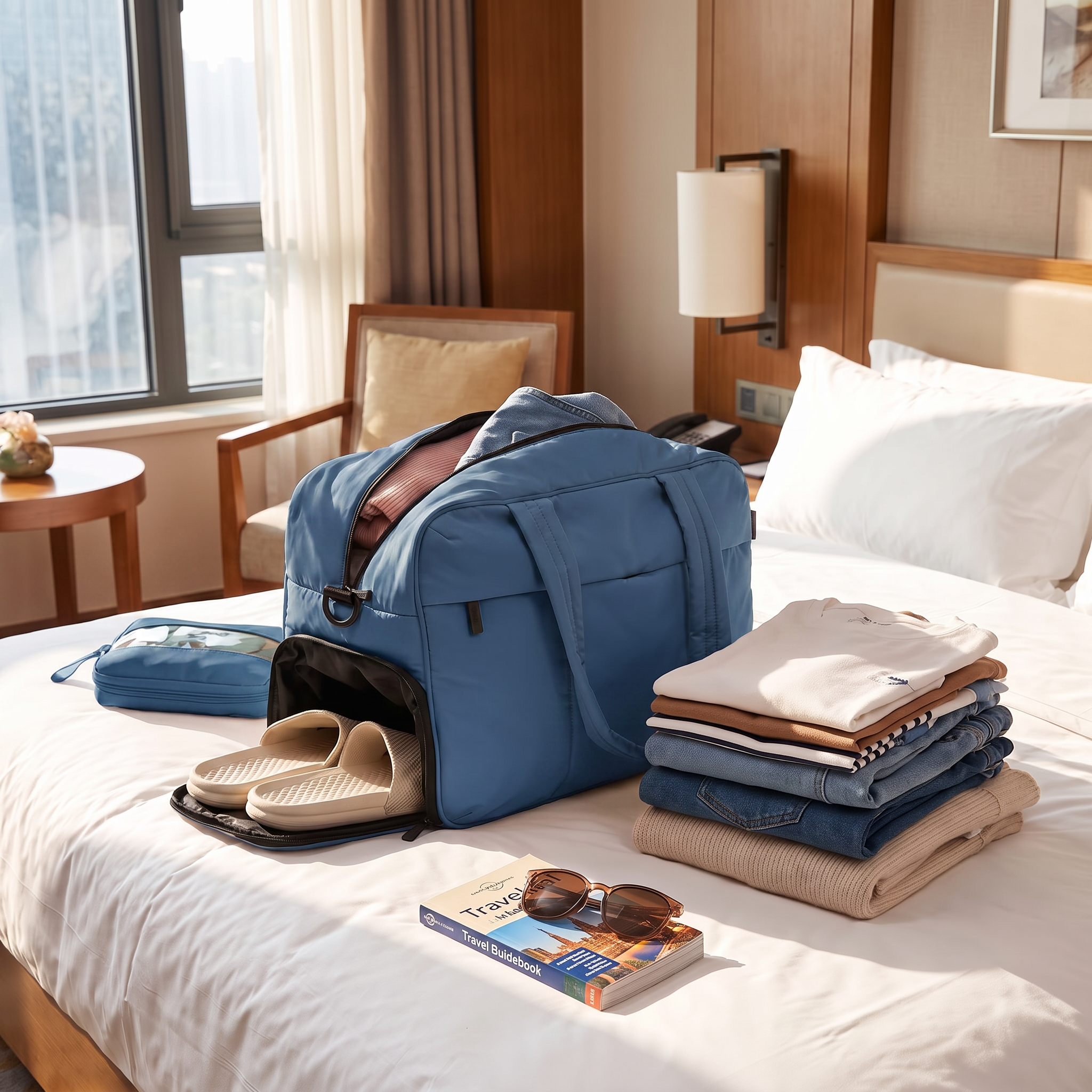 Blue travel duffel bag packed on a hotel bed