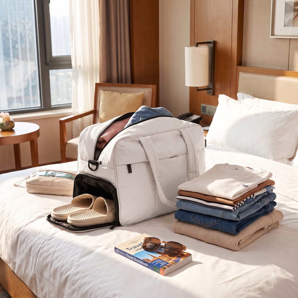 White travel duffel bag packed on a hotel bed