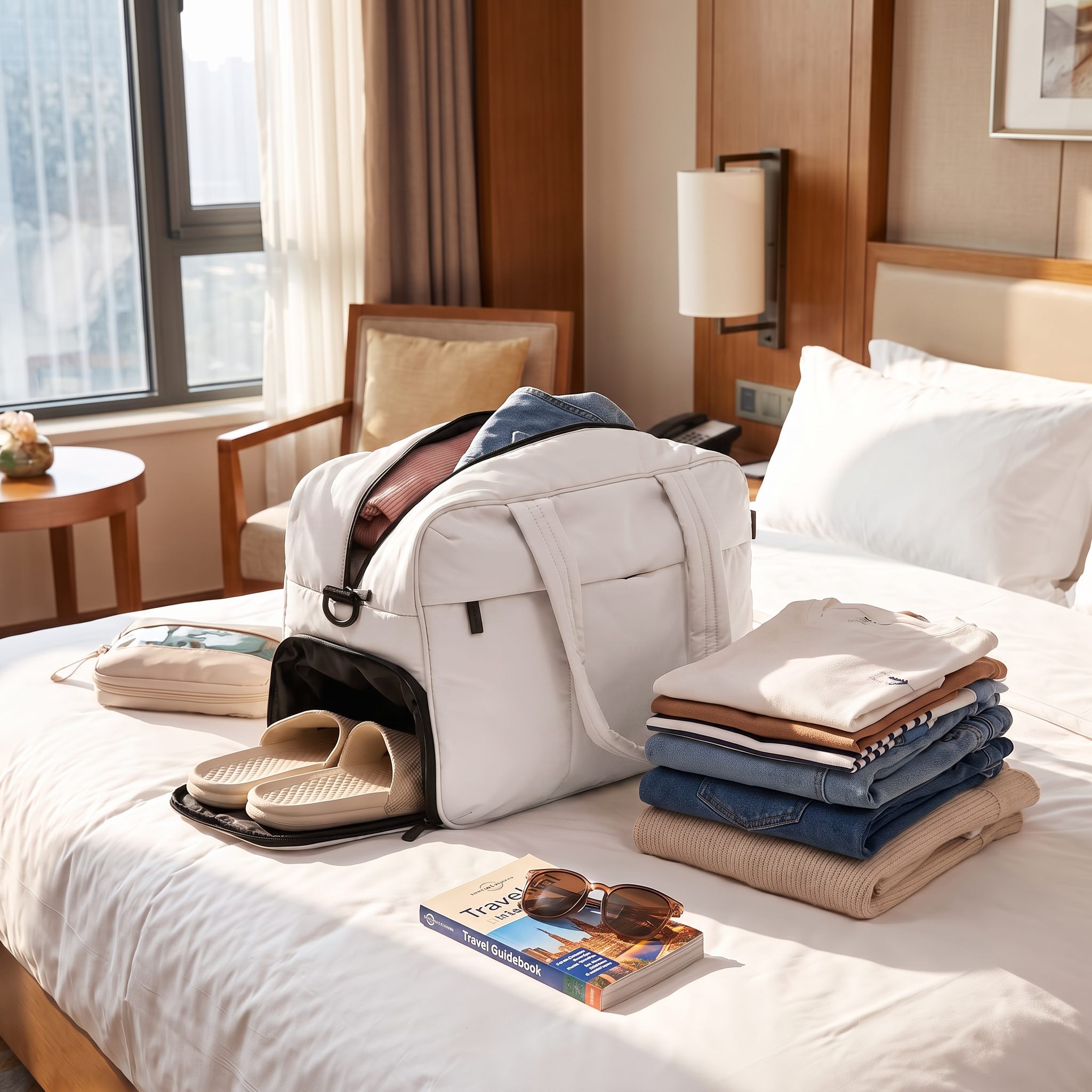 White travel duffel bag packed on a hotel bed