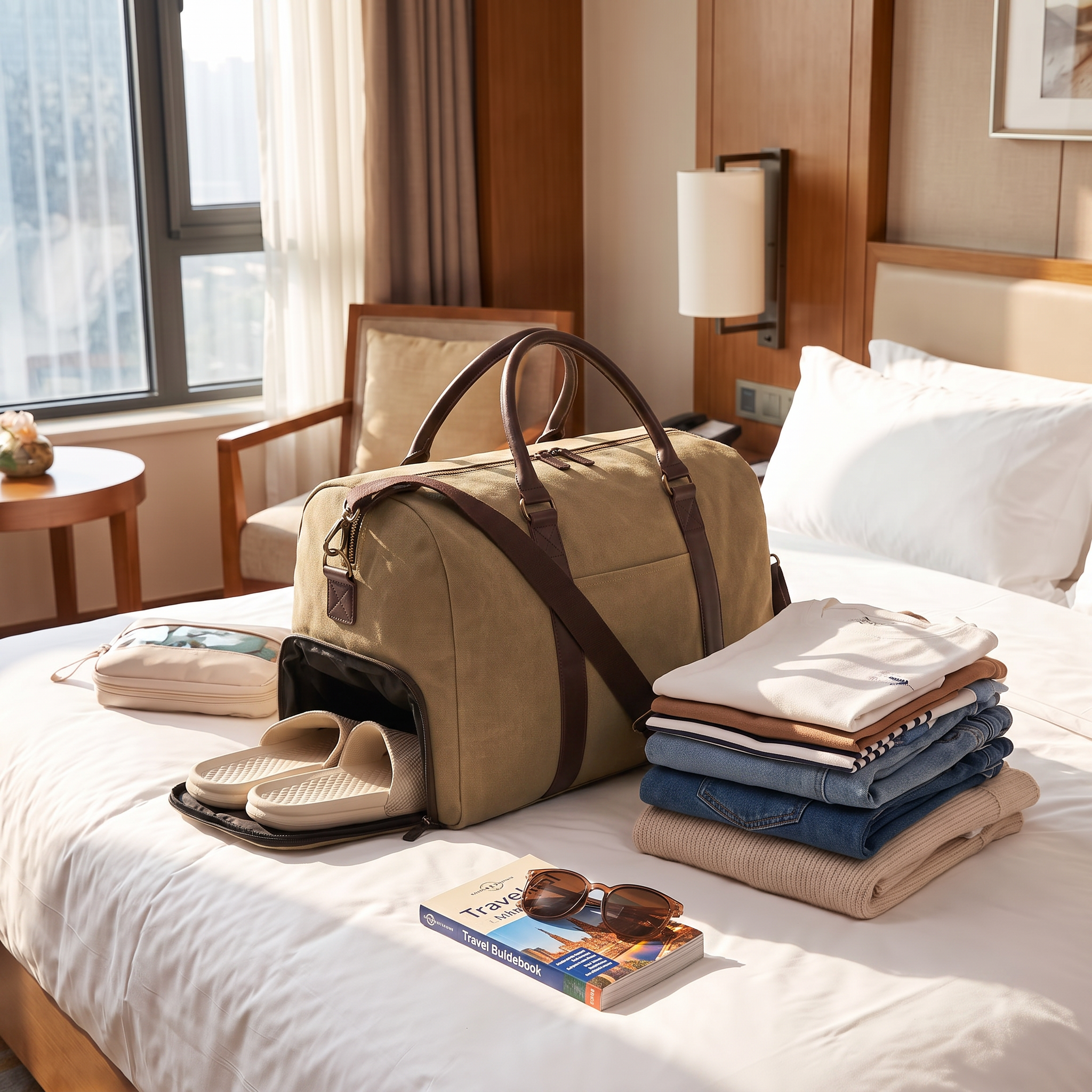 Khaki travel duffel bag packed on a hotel bed