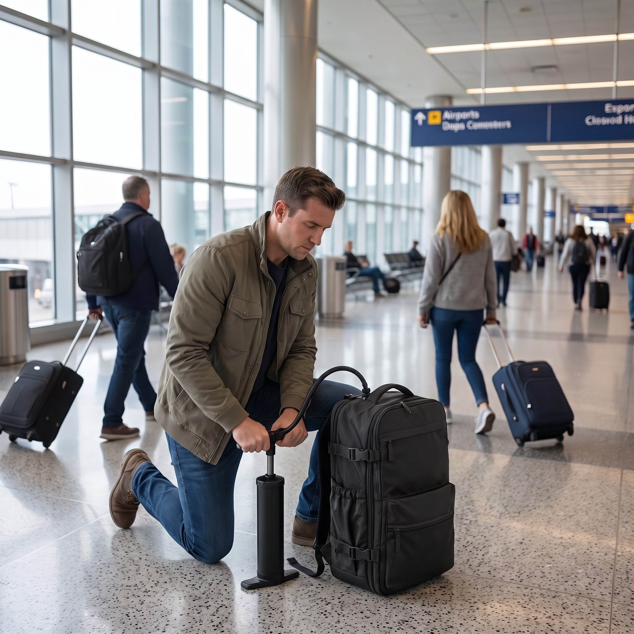 Black vacuum compression travel backpack with pump
