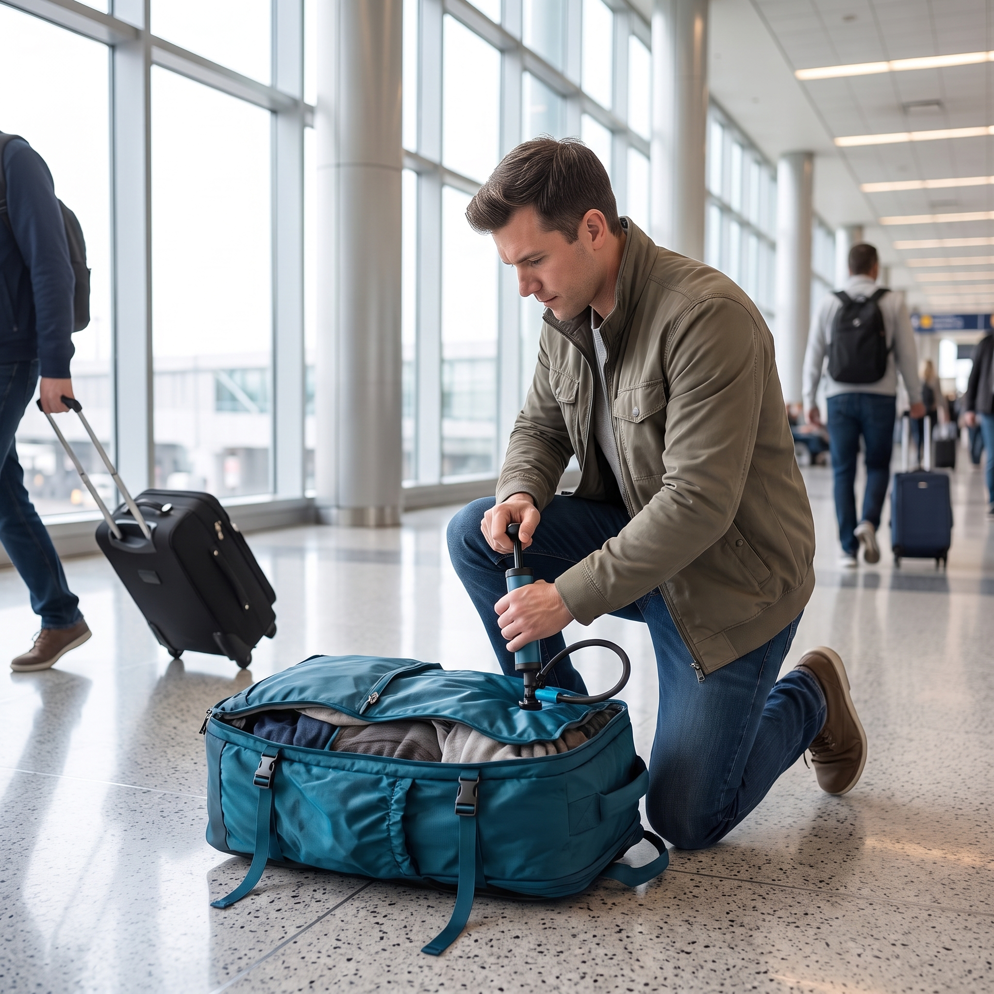 Peacock blue vacuum compression travel backpack with pump