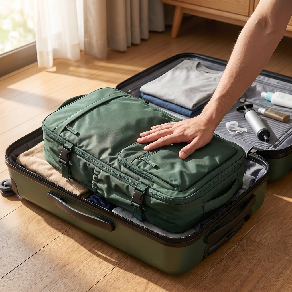 Green vacuum compression travel backpack