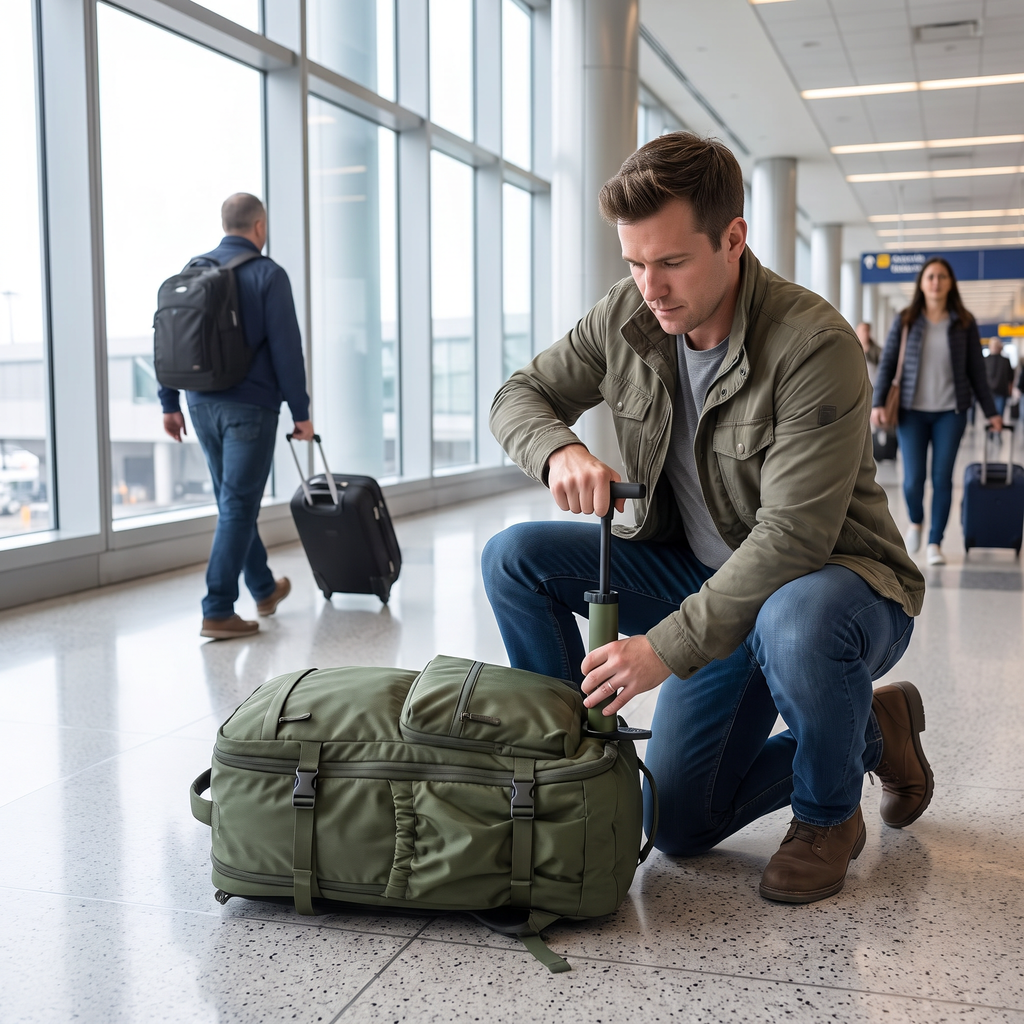 Green vacuum compression travel backpack with pump
