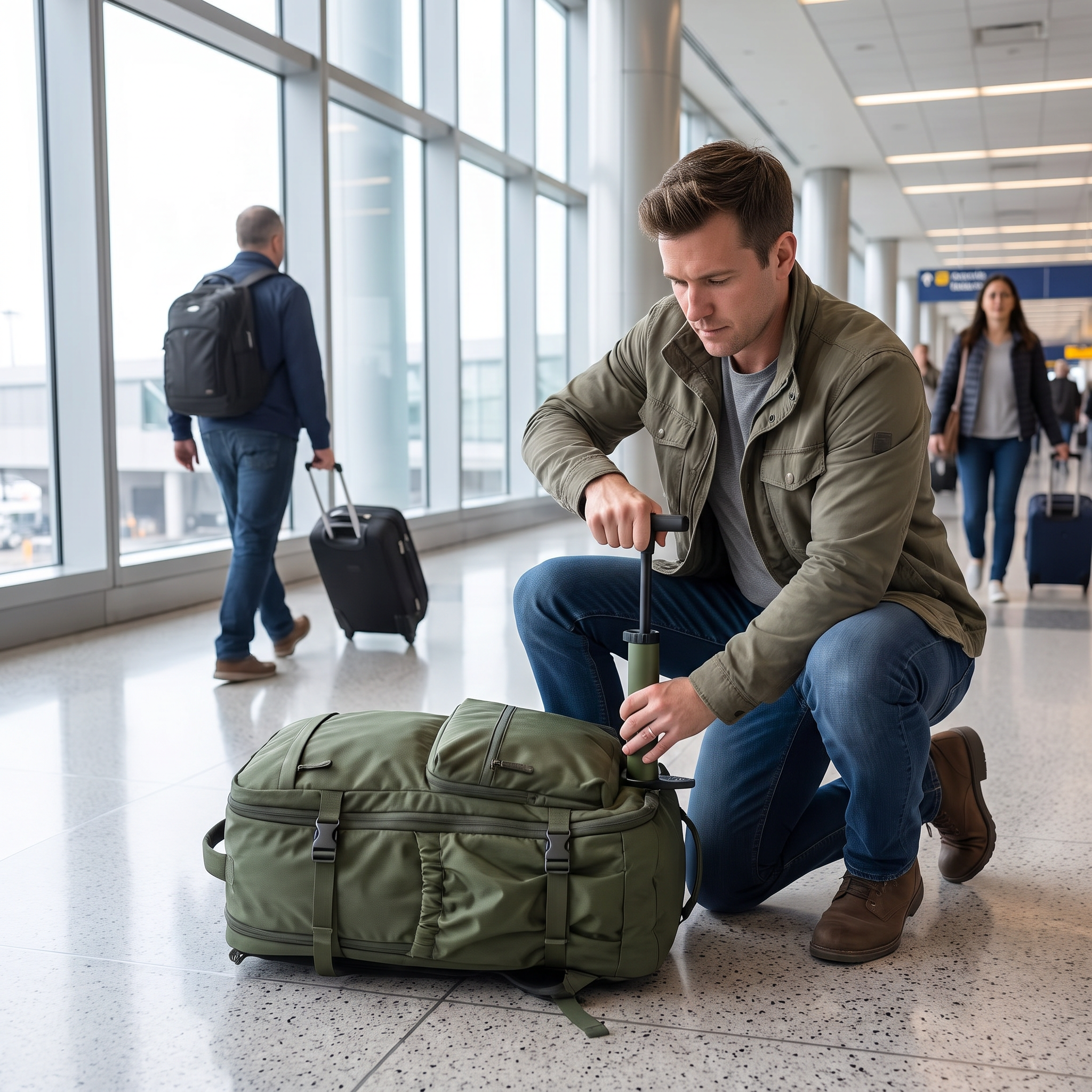 Green vacuum compression travel backpack with pump